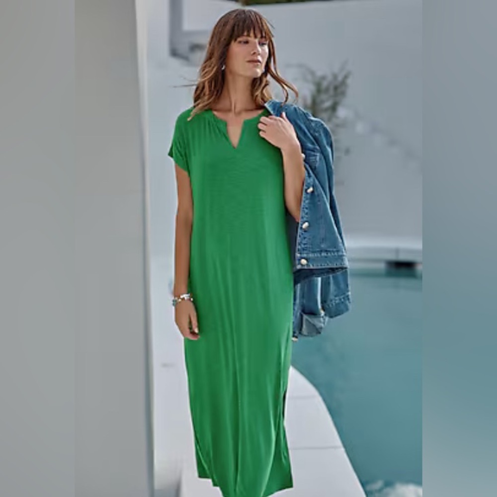 NWT J.Jill Green Split Neck Dolman Sleeve V-Neck Maxi Dress SZ S